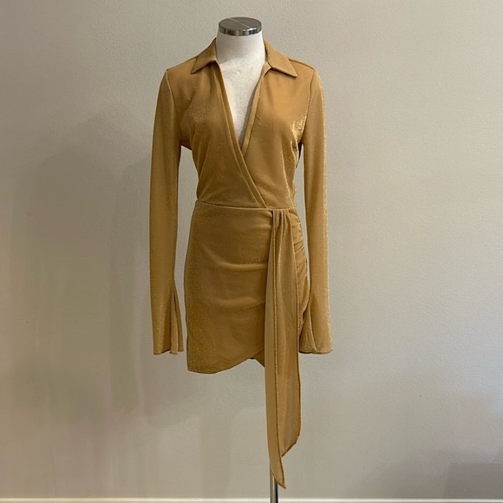 Oh Polly Sweet Obsession Plunge Collared Wrap Mini Dress in Gold (WORN ONCE)